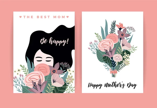 Glad mors dag. Vektorillustration med kvinna och blommor. — Stock vektor
