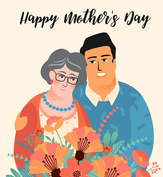 Feliz Día de las Madres. Ilustración vectorial con hombre, mujer y flores . — Vector de stock