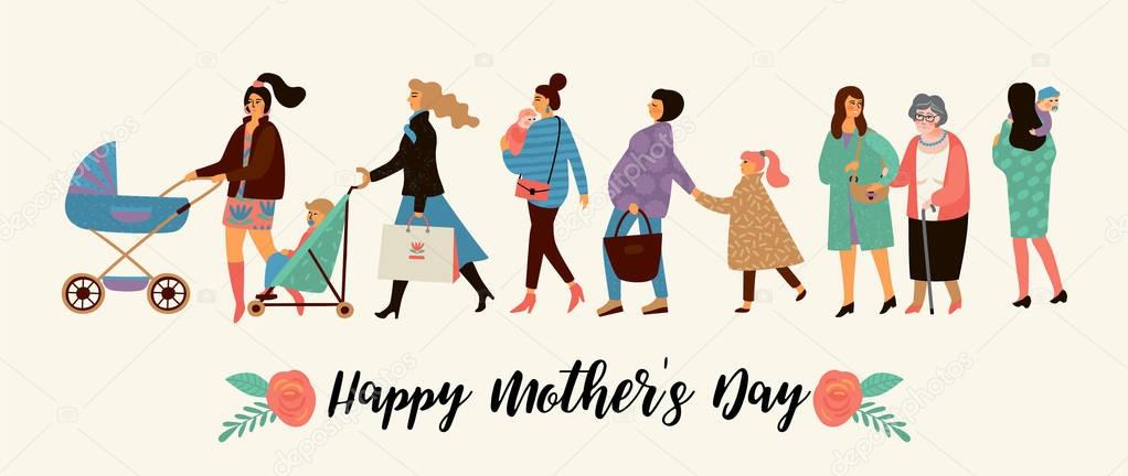 Happy Mothers Day. Vector illustration with women and children.