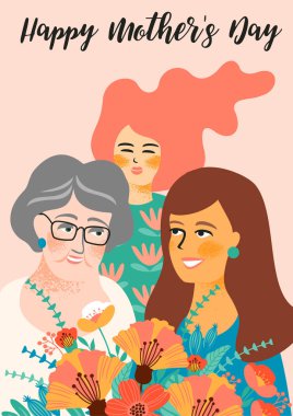 Mutlu anneler günü. Vektör çizim ile kadın ve çiçek.