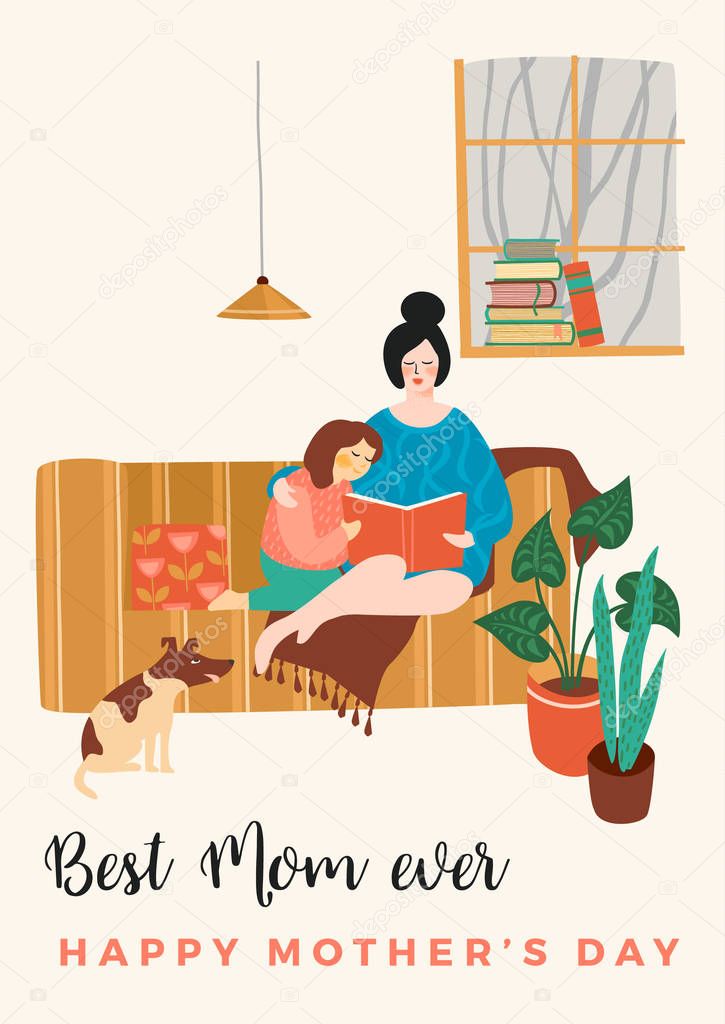 Happy Mothers Day. Vector illustration with women and child.