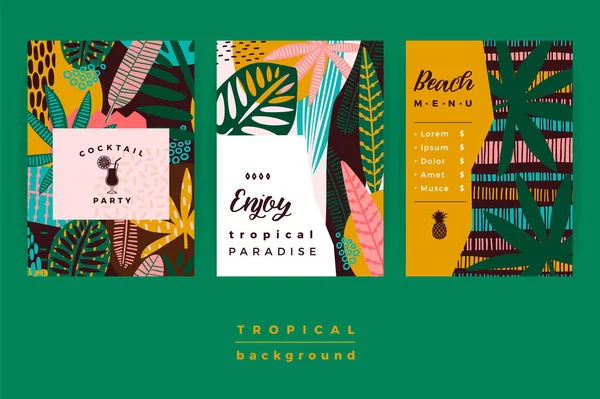Set of abstract creative templates with tropical leaves. — Stock Vector