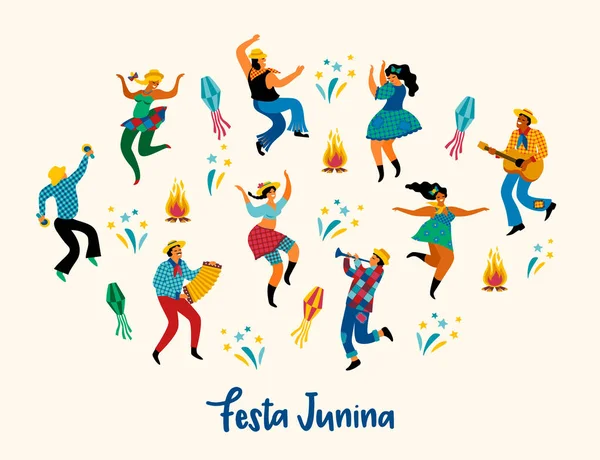 Festa Junina. Illustrazione vettoriale di divertenti uomini e donne danzanti in costumi luminosi . — Vettoriale Stock