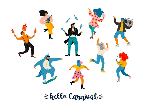 Carnaval. Illustration vectorielle de drôles d'hommes et de femmes dansant en costumes modernes lumineux . — Image vectorielle