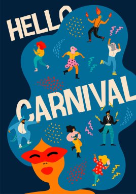 Merhaba Karnaval. Parlak modern kostümler içinde dans eden komik erkek ve kadınların vektör çizimi.