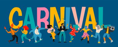 Merhaba Karnaval. Parlak modern kostümler içinde dans eden komik erkek ve kadınların vektör çizimi.