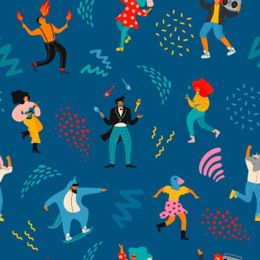 Vector seamless pattern with funny dancing men and women in bright modern costumes. clipart