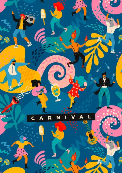 Hello Carnival. Vector illustration of funny dancing men and women in bright modern costumes. — Stock Vector