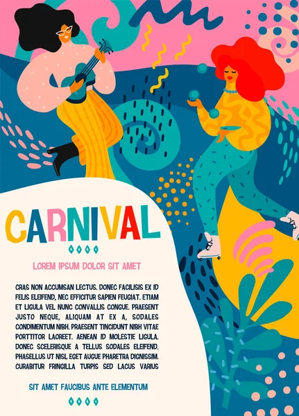 Hallo Carnaval. Vector poster met grappige dansende mannen en vrouwen in heldere moderne kostuums. — Stockvector