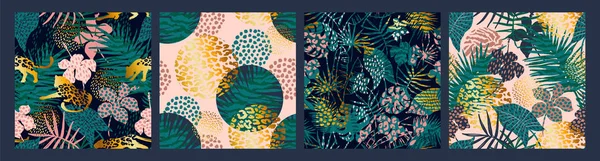 Motifs exotiques sans couture à la mode avec des empreintes de palmiers, d'animaux et de textures dessinées à la main — Image vectorielle