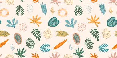 Tropikal yaprakları ile soyut dikişsiz desen. El doku çizin. Vektör.