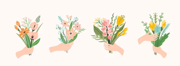 Vektor Illustration Blumensträuße in den Händen. Designvorlage — Stockvektor