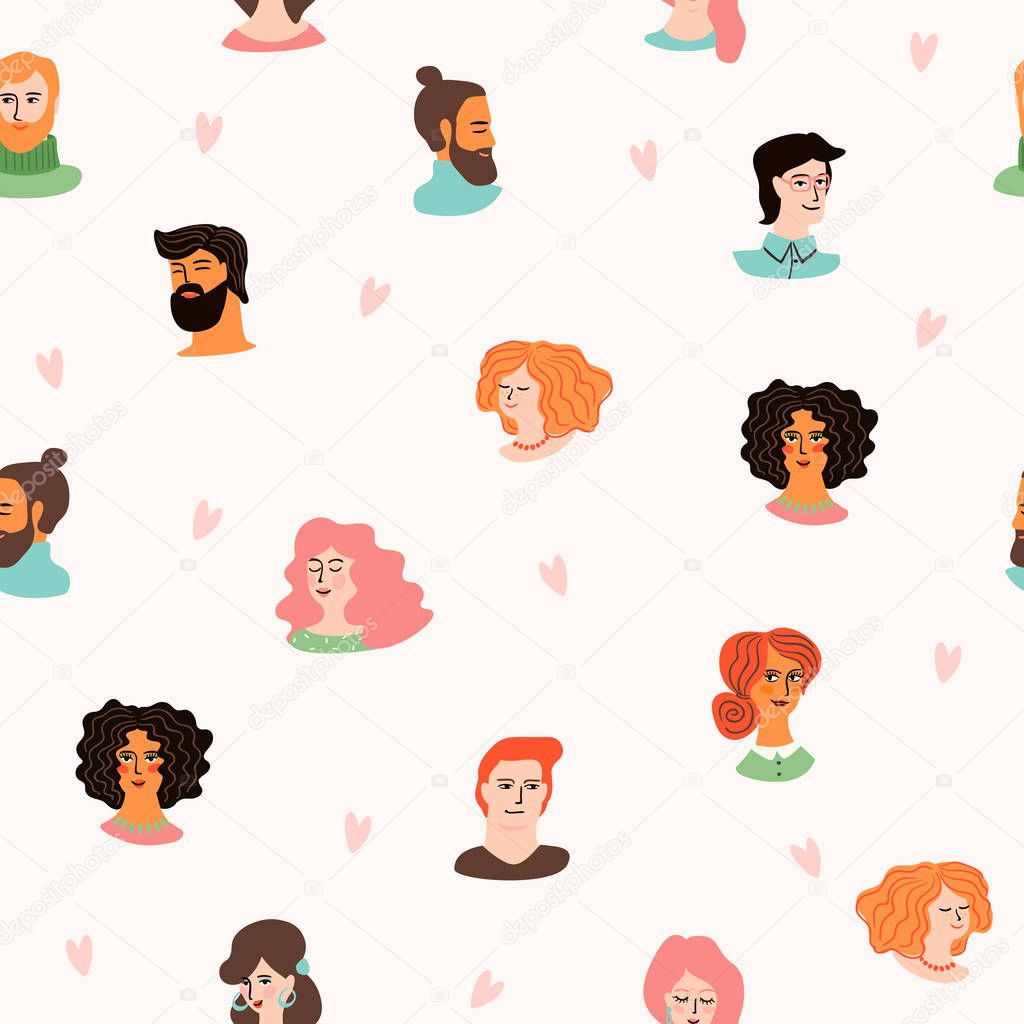 Vector seamless pattern with cute young women and men in love. For Happy Valentine s Day concept and other use.