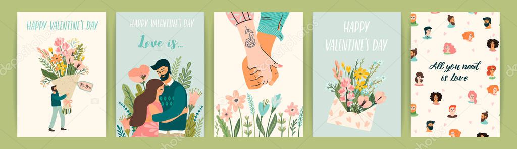 Romantic set of illustrations with man and woman. Vector design concept for Valentines Day and other users.