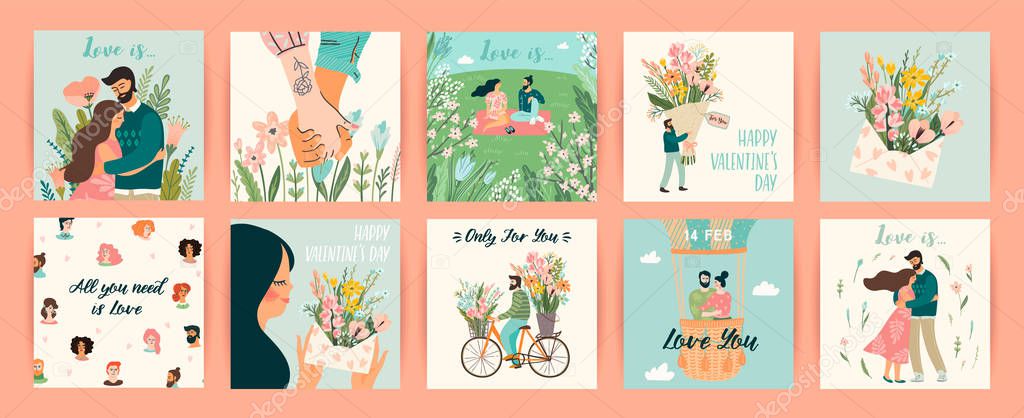 Romantic set of illustrations with man and woman. Vector design concept for Valentines Day and other users.