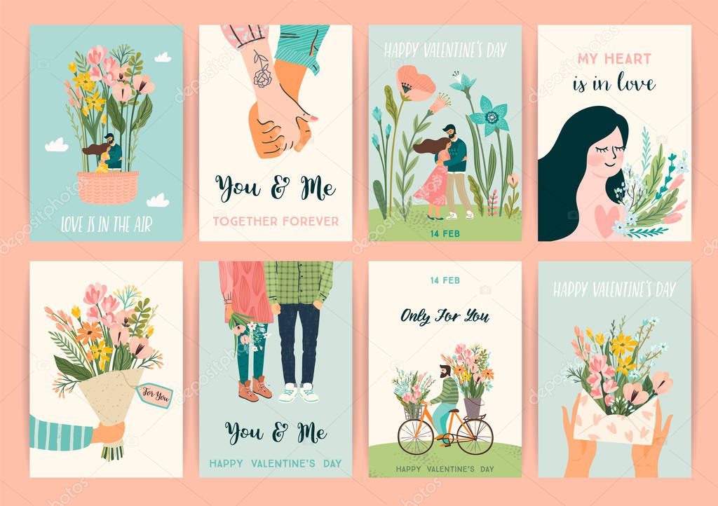 Romantic set of illustrations with man and woman. Vector design concept for Valentines Day and other users.