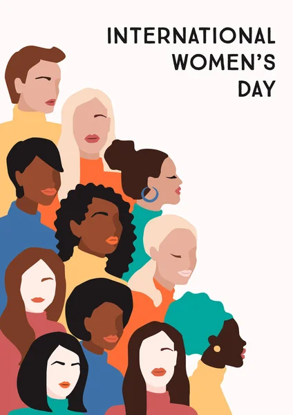Día Internacional de la Mujer. Ilustración vectorial de mujeres con diferentes colores de piel . — Vector de stock