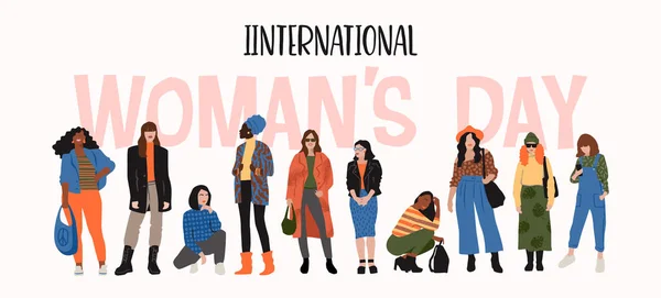Dia Internacional da Mulher. Ilustração vetorial de mulheres abstratas com diferentes cores de pele . —  Vetores de Stock