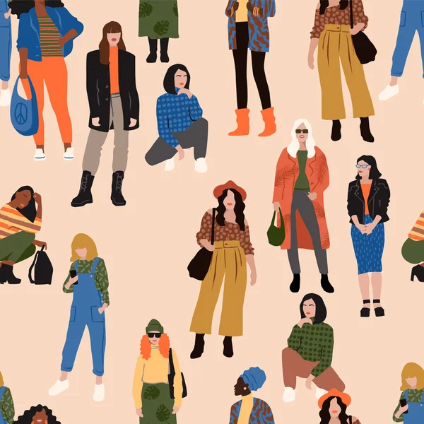 Vector seamless pattern with abstract women with different skin colors. — ストックベクタ