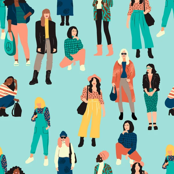 Vector seamless pattern with abstract women with different skin colors. — ストックベクタ