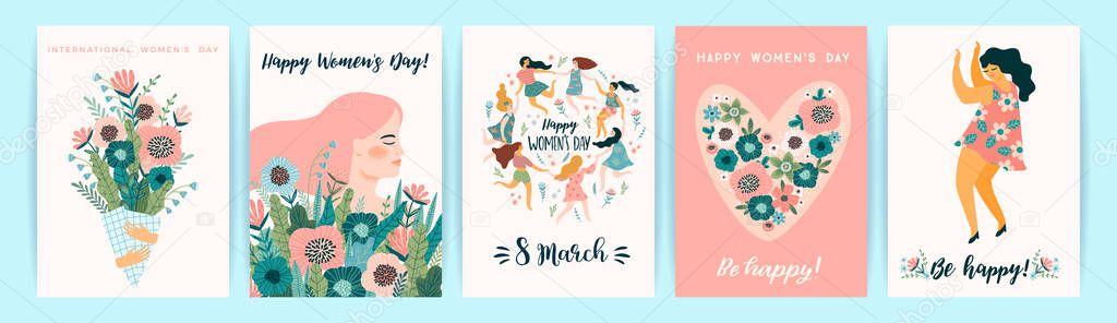 International Women s Day. Vector templates with cute women.