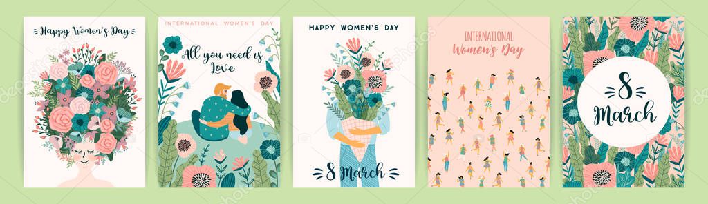 International Women s Day. Vector templates with cute women.