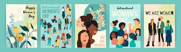 Vector set of illustrations with abstract women with different skin colors. International Womens Day. Struggle for freedom, independence, equality. — 스톡 벡터