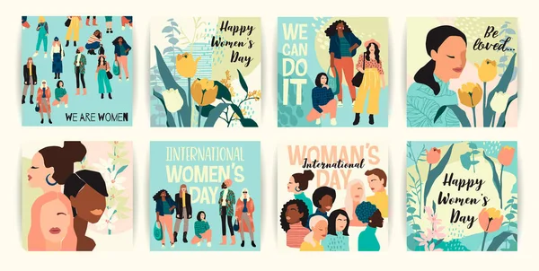 Vektor sekumpulan ilustrasi dengan wanita abstrak dengan warna kulit yang berbeda. Hari Wanita Internasional. Perjuangan untuk kebebasan, kemerdekaan, kesetaraan . - Stok Vektor
