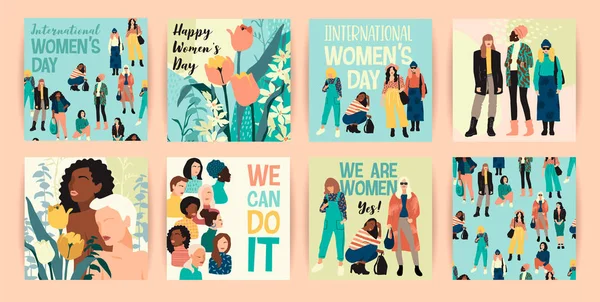 Vektor sekumpulan ilustrasi dengan wanita abstrak dengan warna kulit yang berbeda. Hari Wanita Internasional. Perjuangan untuk kebebasan, kemerdekaan, kesetaraan . - Stok Vektor