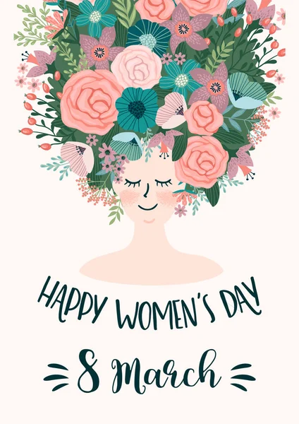Międzynarodowy Dzień Kobiet. Szablon wektora z kobietą i kwiatami — Wektor stockowy