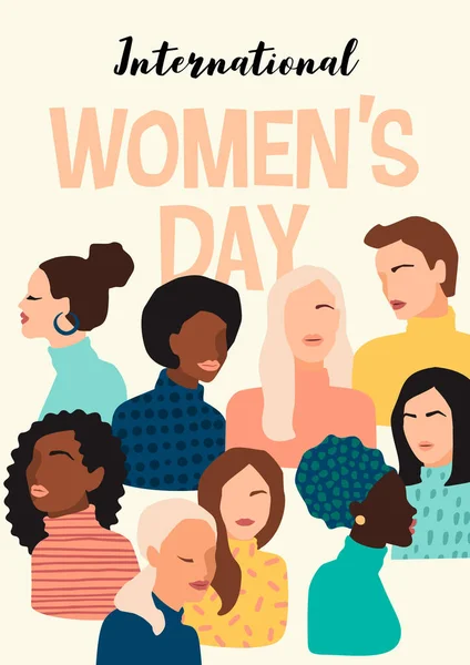 Internationale Vrouwendag. Vector illustratie van abstracte vrouwen met verschillende huidskleuren. — Stockvector