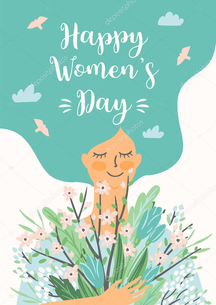 International Women s Day. Vector template with cute woman and flowers