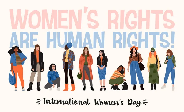 Giornata internazionale della donna. Illustrazione vettoriale di donne astratte con diversi colori della pelle . Grafiche Vettoriali