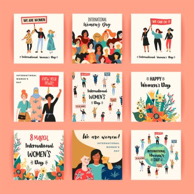 Uluslararası Kadınlar Günü. Farklı milletler ve kültürlerle kadınların vektör şablonları.