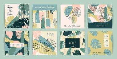 Creative set of templates with tropical plants and artistic background.