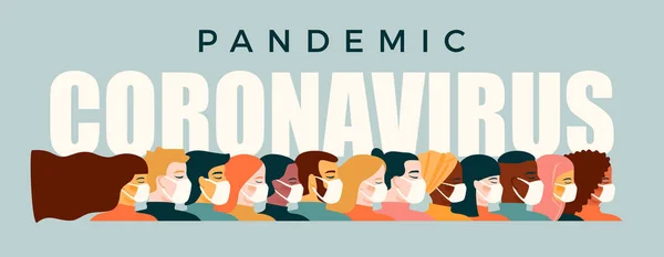 Koronavirüs salgını. 2019-NCoV. Beyaz tıbbi yüz maskesi takmış insanların vektör çizimi.