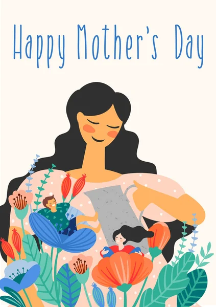 Feliz Día de las Madres. Ilustración vectorial con mujeres y niños en flores . — Vector de stock