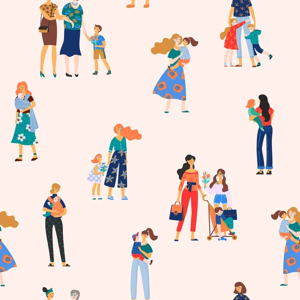 Feliz Día de las Madres. Patrón sin costura vectorial con mujeres y niños — Archivo Imágenes Vectoriales