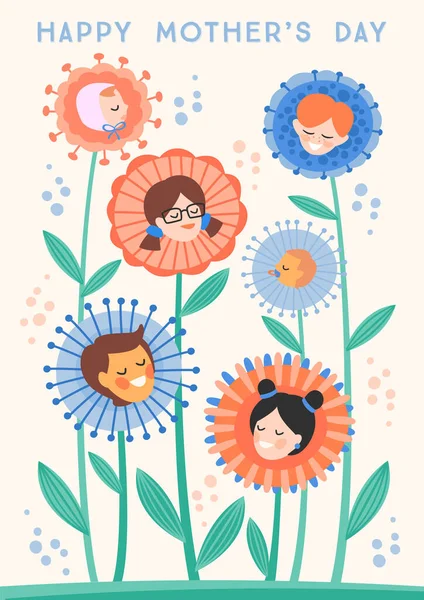 Feliz Dia das Mães. Ilustração vetorial com crianças em flores . —  Vetores de Stock