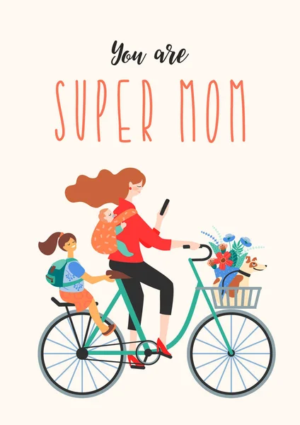 Happy Mothers Day. Super Mom auf dem Fahrrad mit Kindern und Hund. — Stockvektor