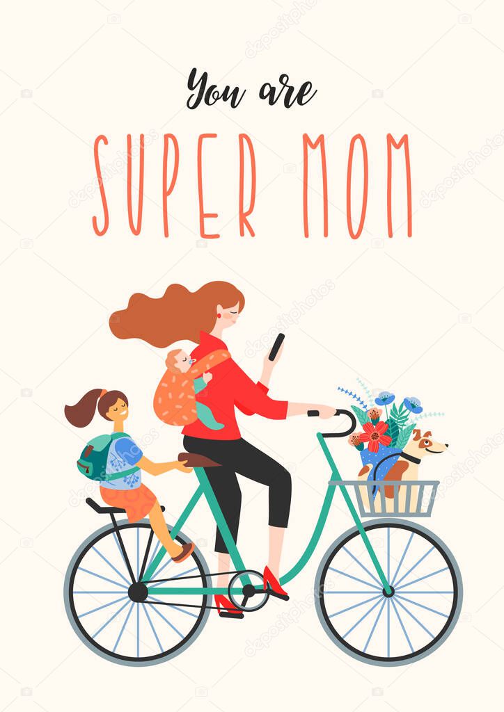 Happy Mothers Day. Super Mom on a bicycle with children and a dog.