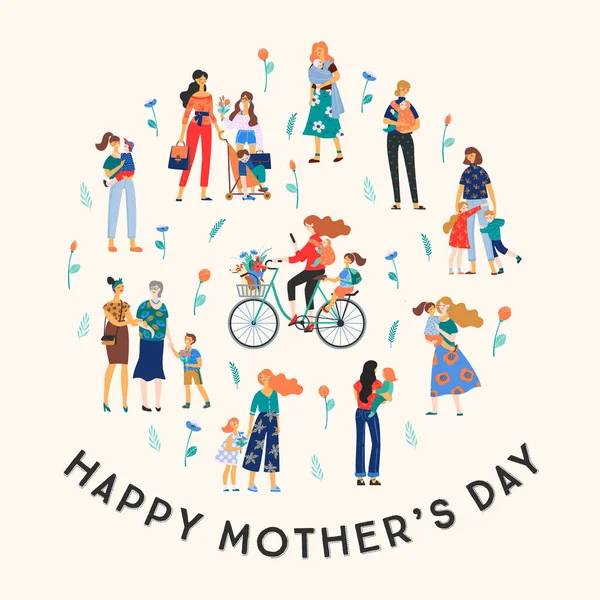 Feliz Día de las Madres. Ilustración vectorial con mujeres y niños. — Vector de stock