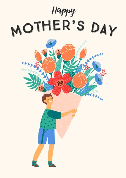 Feliz Dia das Mães. Ilustração vetorial de menino com grande buquê de flores . — Vetor de Stock