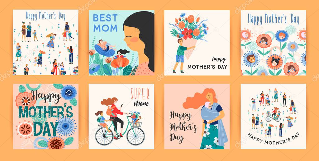 Happy Mothers Day. Vector templates with women and children.