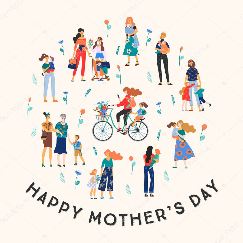 Happy Mothers Day. Vector illustration with women and children.