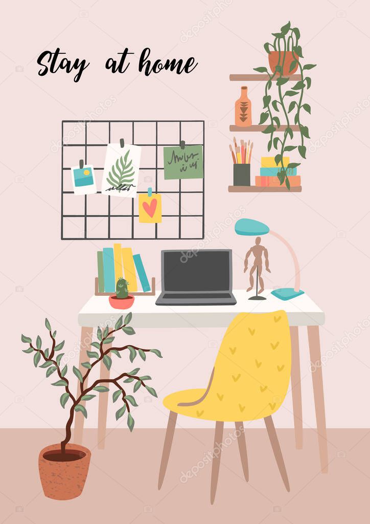 Stay at home. Workplace at home. Vector illustration.