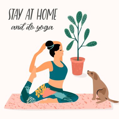 Evde kal. Genç kadın yoga yapıyor. Vektör illüstrasyonu.