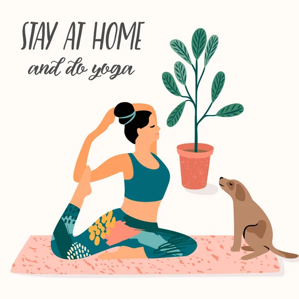 Blijf thuis. Jonge vrouw doet aan yoga. Vectorillustratie. — Stockvector