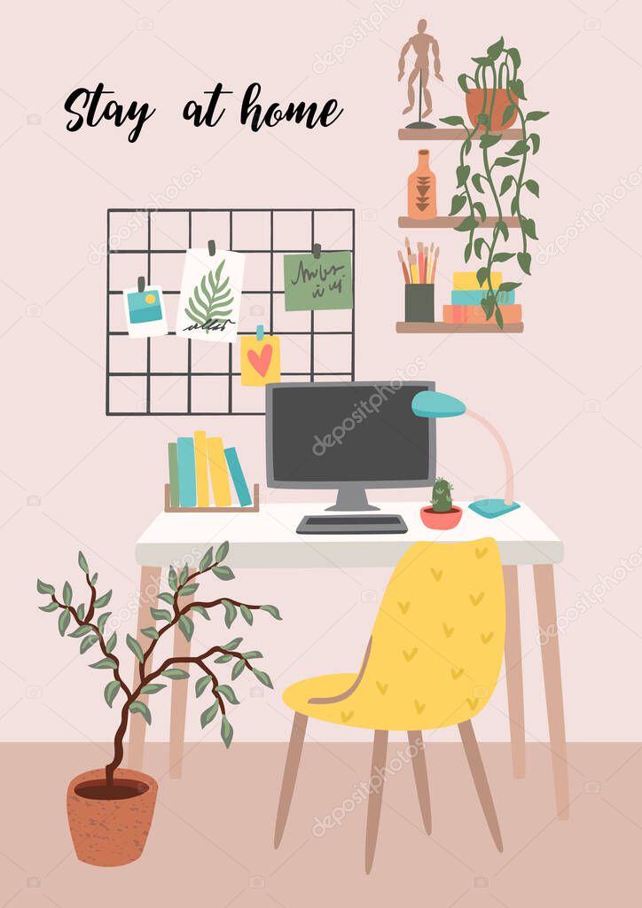 Stay at home. Workplace at home. Vector illustration.