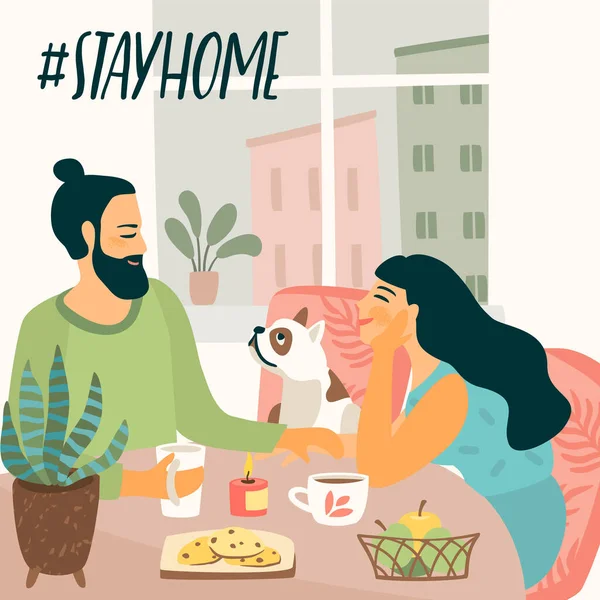 Μείνε σπίτι. Νεαρός άνδρας και γυναίκα κάθονται πίνοντας τσάι και μιλώντας. Εικονογράφηση διανύσματος. — Διανυσματικό Αρχείο